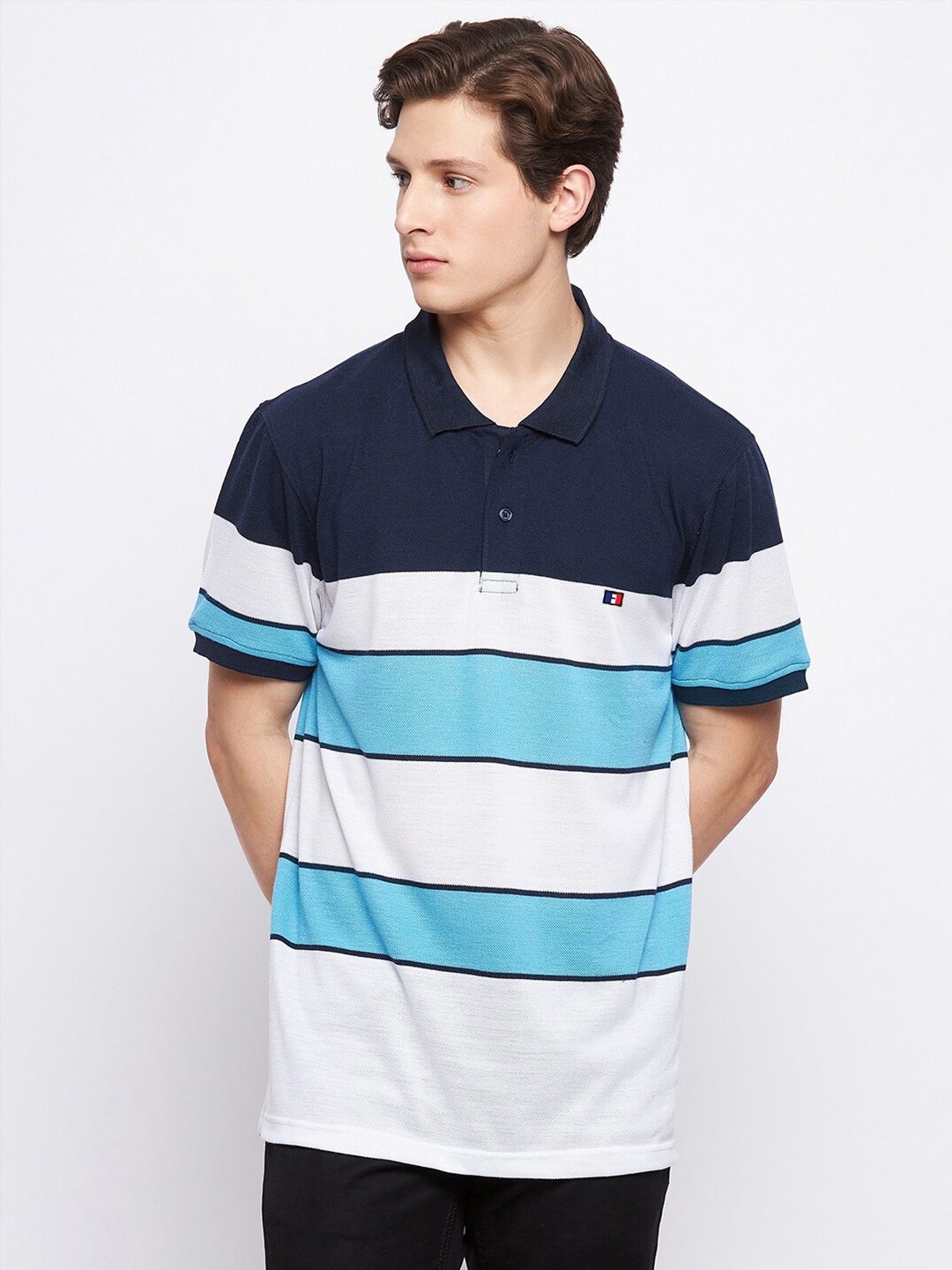 

FRENCH FLEXIOUS Plus Size Striped Polo Collar Cotton T-shirt, Navy blue