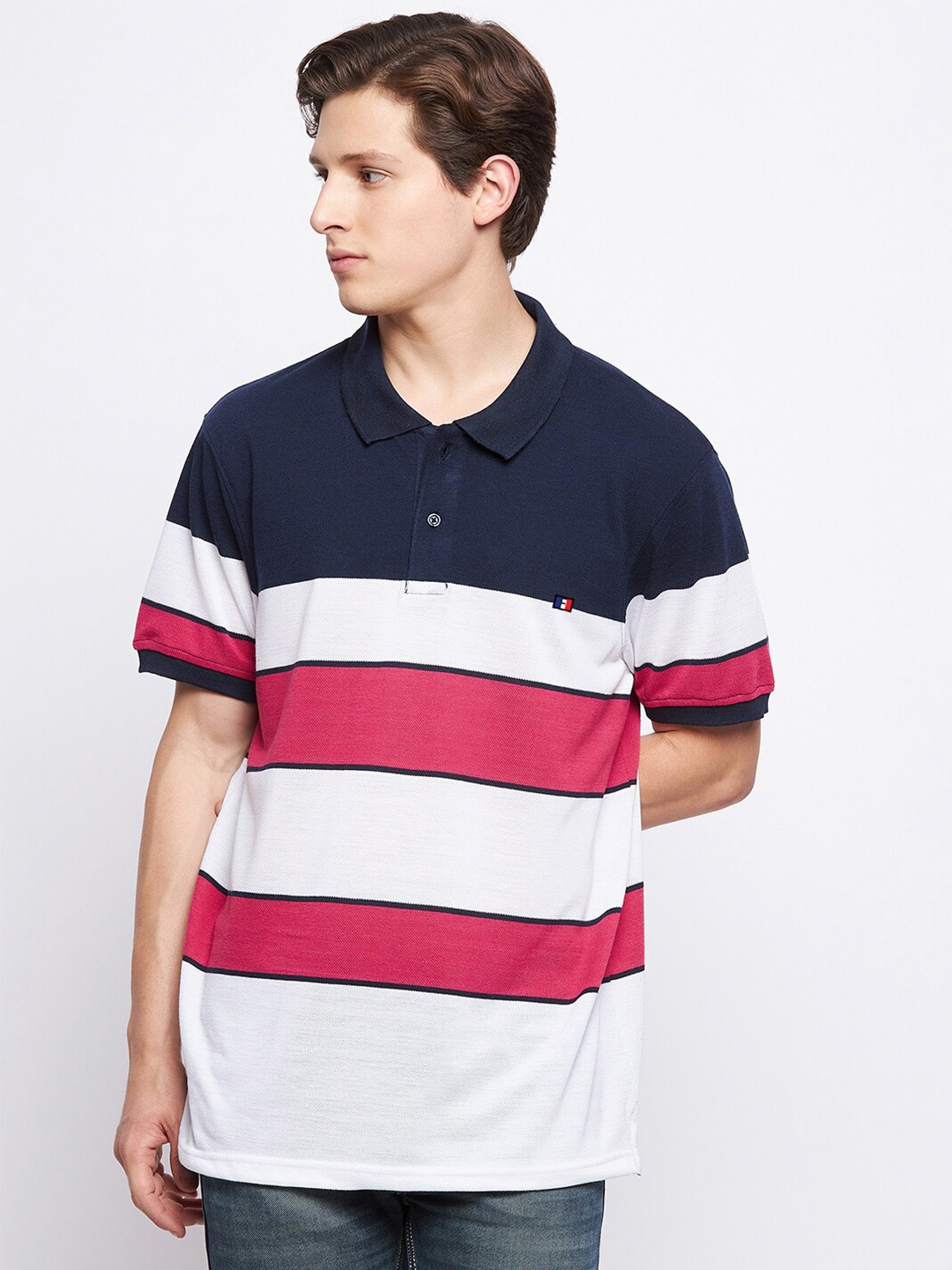 

FRENCH FLEXIOUS Plus Size Striped Polo Collar Cotton T-shirt, White
