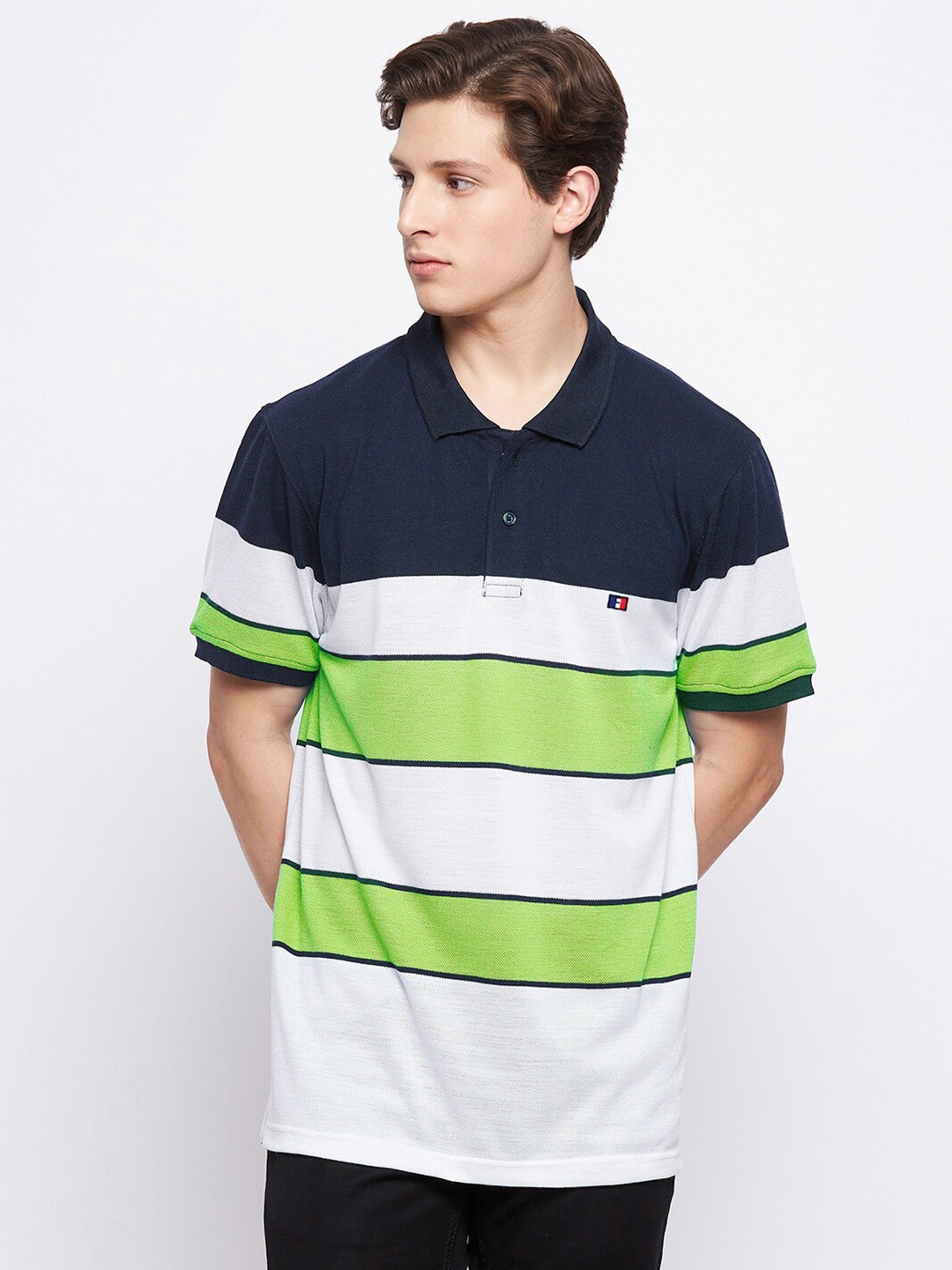

FRENCH FLEXIOUS Plus Size Striped Polo Collar Cotton T-shirt, White