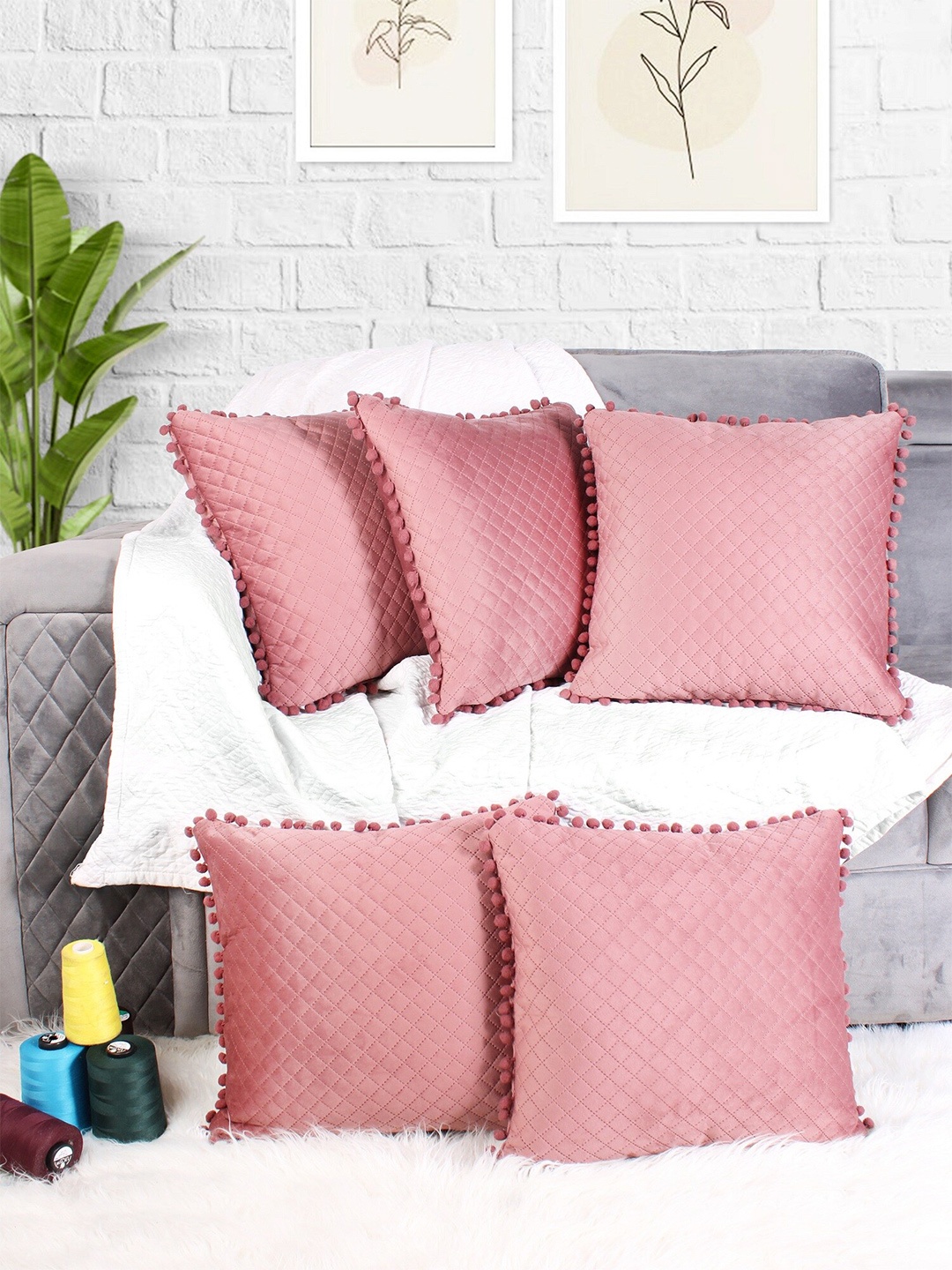 

STITCHNEST 5Pcs Peach-Coloured Geometric Velvet Square Cushion Covers