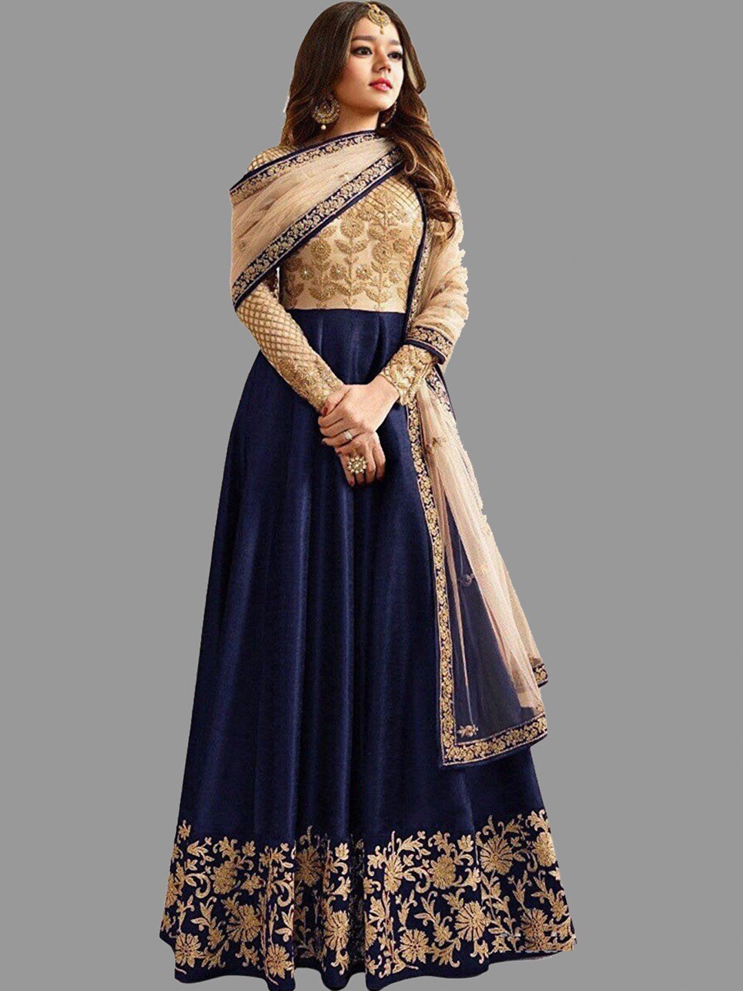 

Ethnic Yard Embroidered Pure Silk Semi-Stitched Dress Material, Navy blue