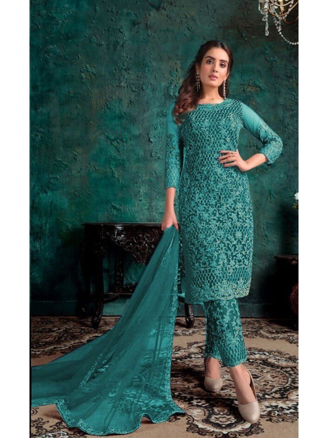 

Ethnic Yard Embroidered Semi-Stitched Dress Material, Teal