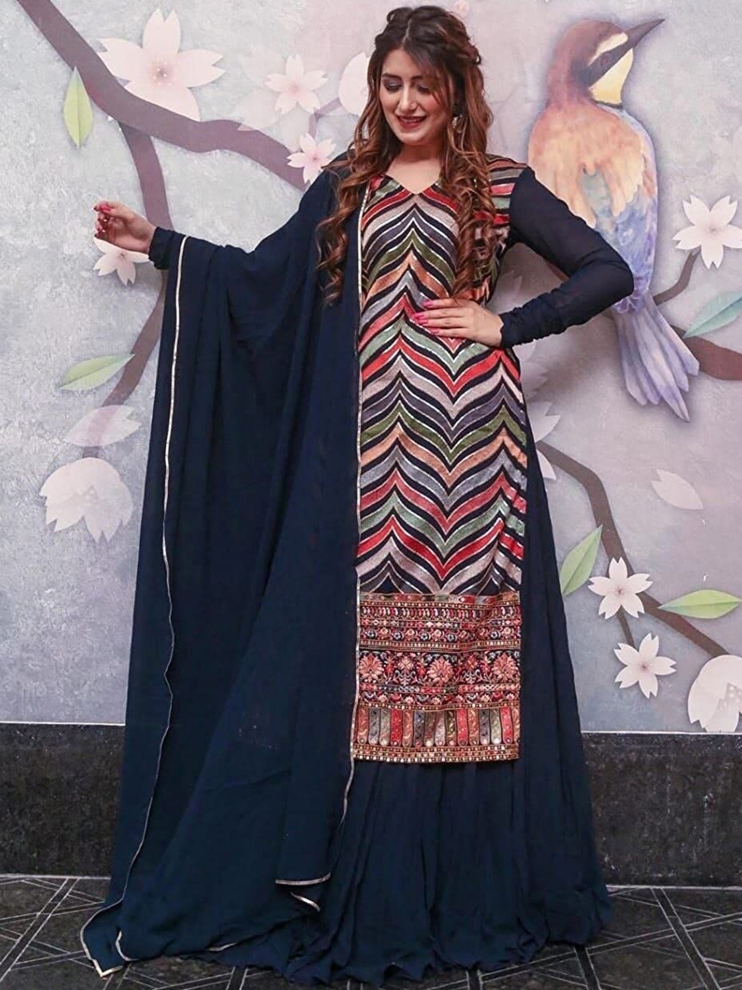 

Ethnic Yard Embroidered Georgette Semi-Stitched Dress Material, Navy blue