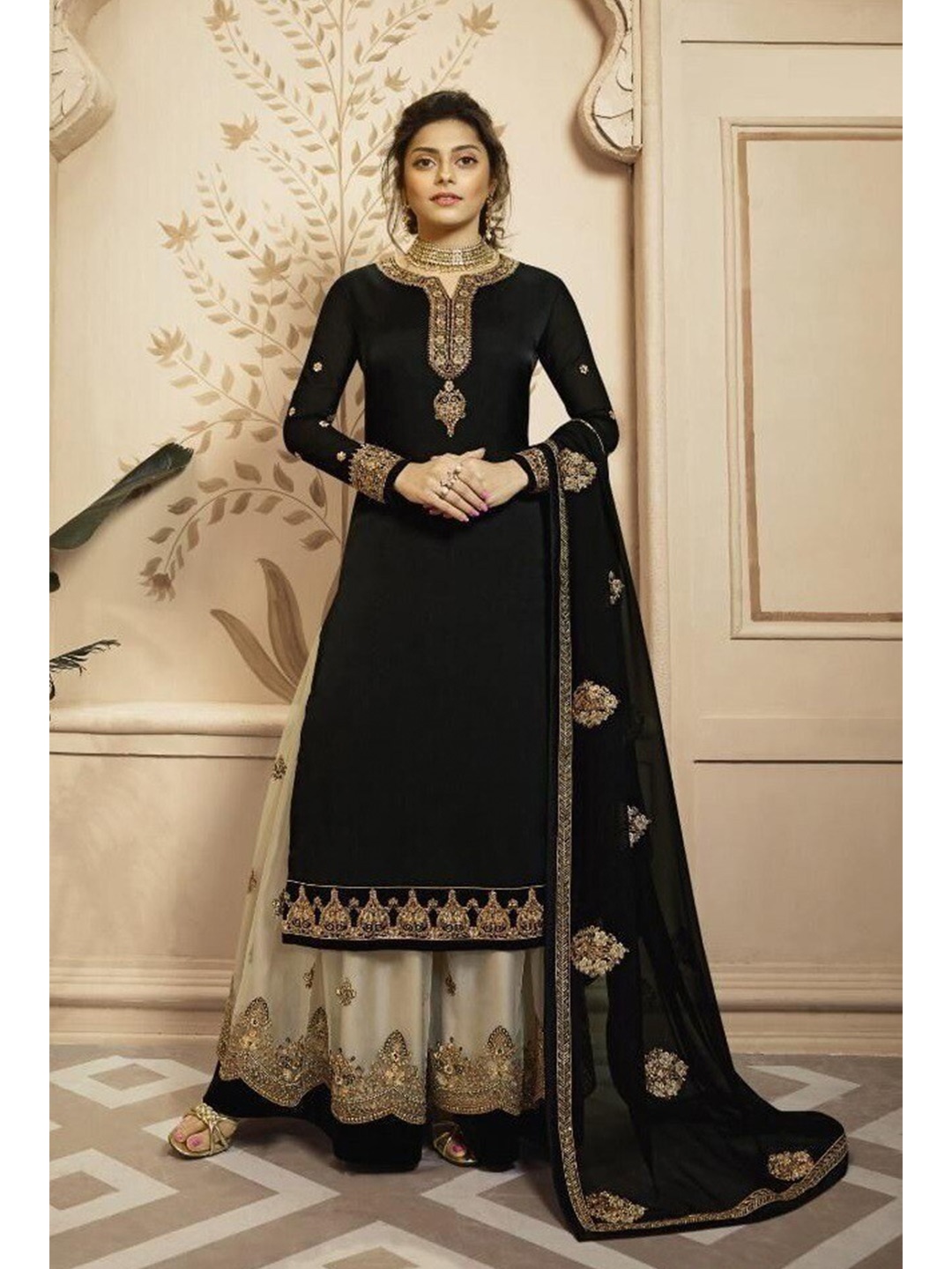 

Ethnic Yard Embroidered Semi-Stitched Dress Material, Black