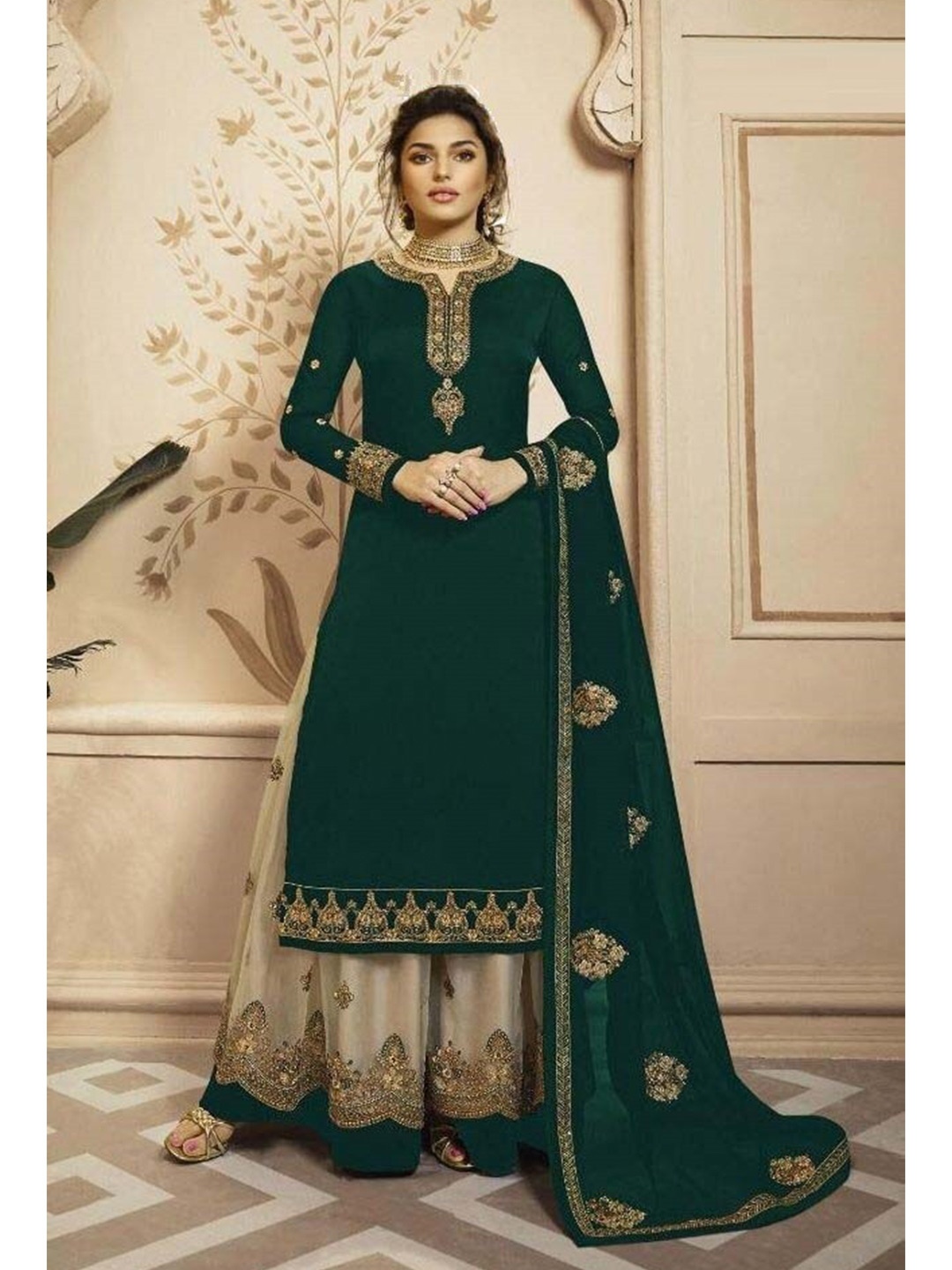 

Ethnic Yard Embroidered Semi-Stitched Dress Material, Green