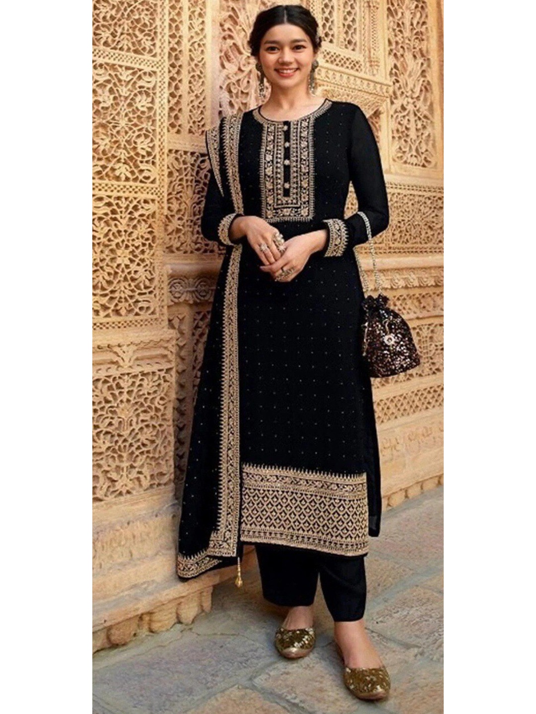 

Ethnic Yard Embroidered Georgette Semi-Stitched Dress Material, Black