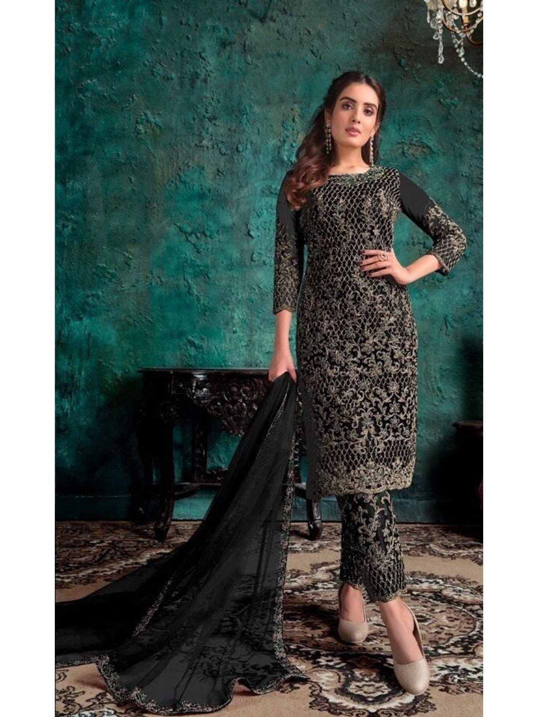 

Ethnic Yard Embroidered Semi-Stitched Dress Material, Black