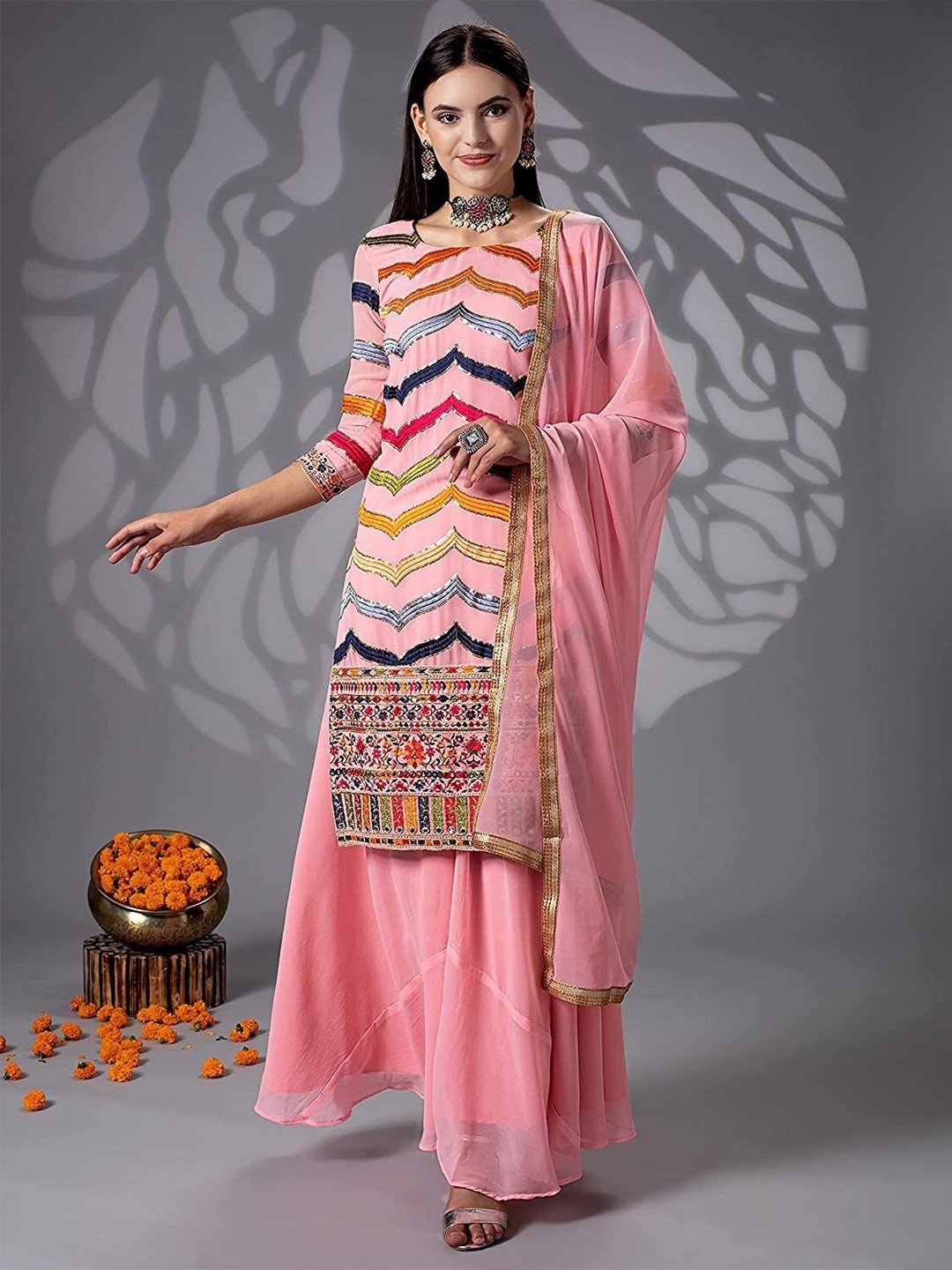 

Ethnic Yard Embroidered Georgette Semi-Stitched Dress Material, Pink