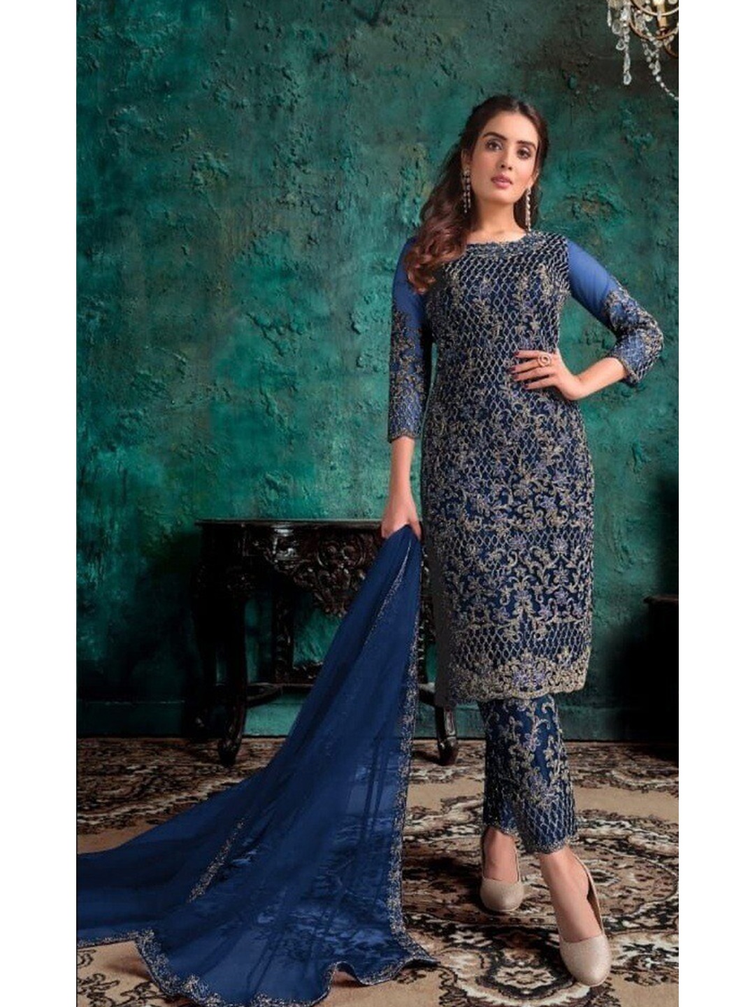 

Ethnic Yard Embroidered Semi-Stitched Dress Material, Teal