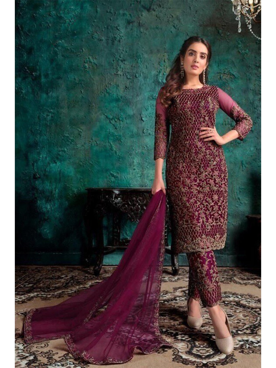 

Ethnic Yard Embroidered Semi-Stitched Dress Material, Purple