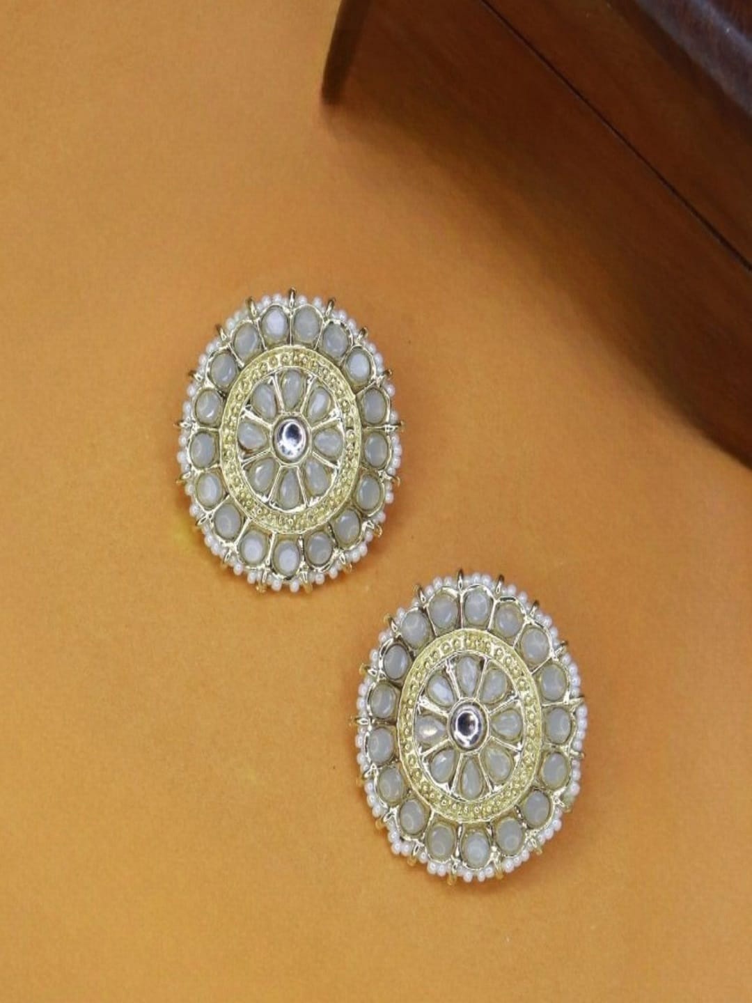 

I Jewels Gold Plated Circular Studs Earrings, Grey