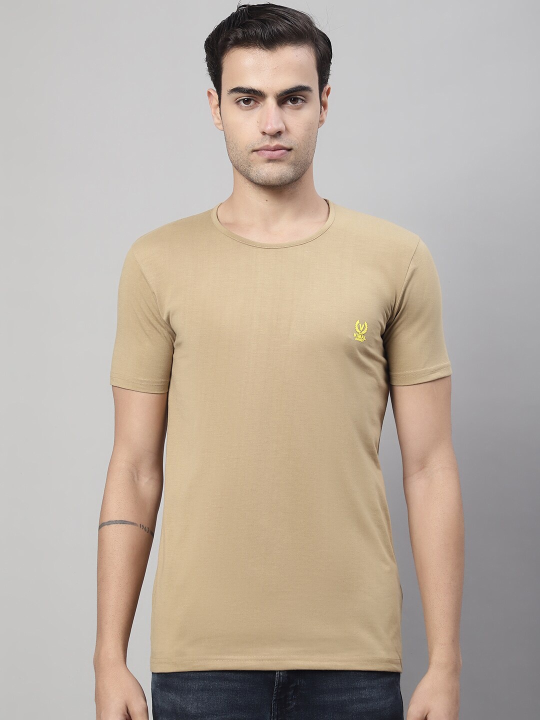 

VIMAL JONNEY Round Neck Cotton T-shirt, Beige