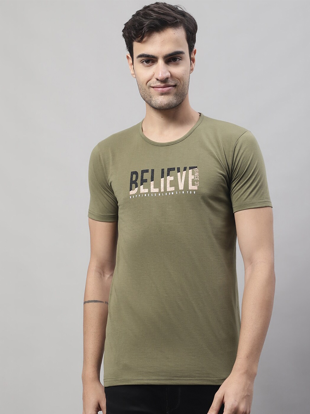 

VIMAL JONNEY Typography Printed Cotton T-shirt, Olive