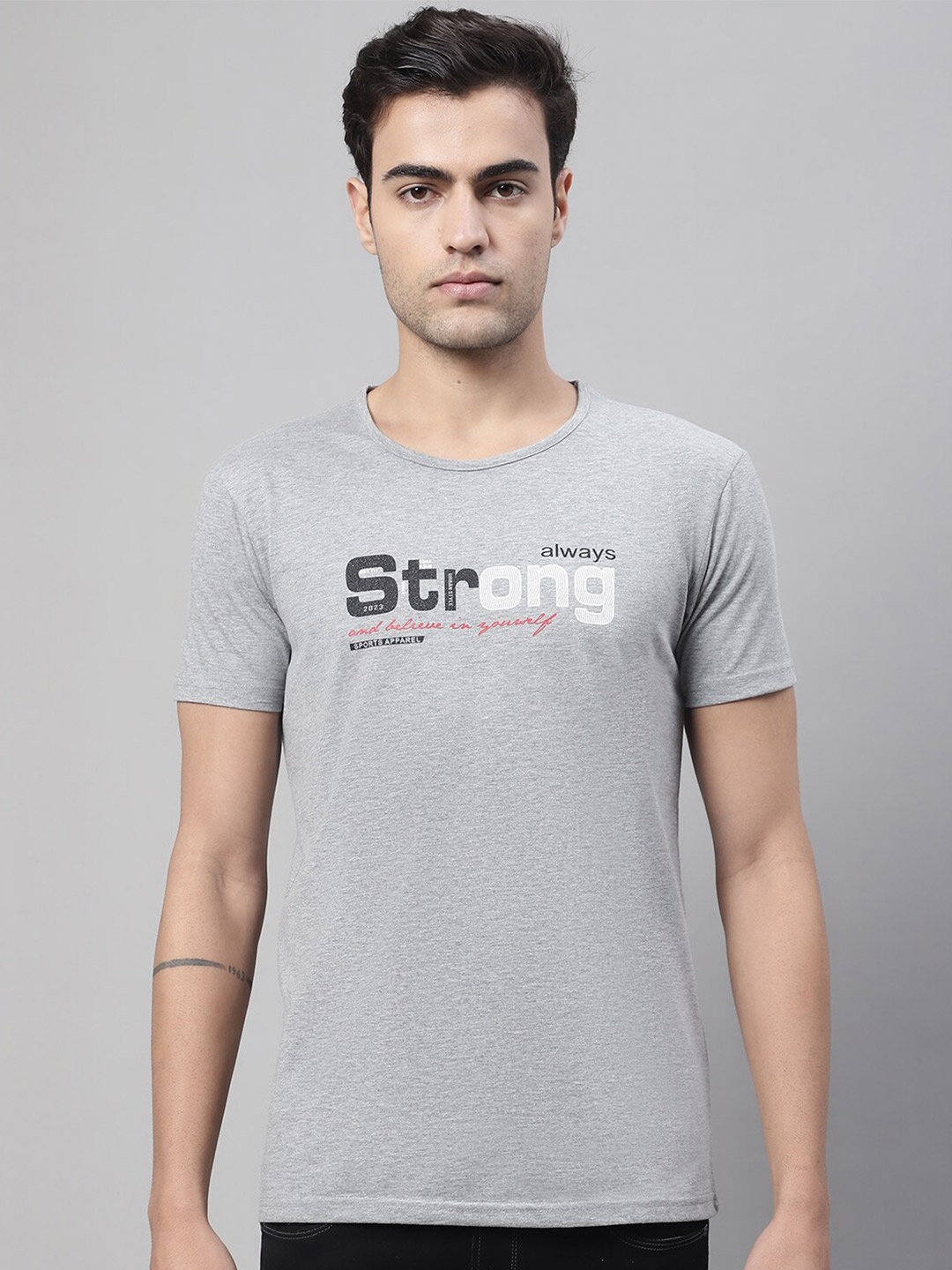 

MACK JONNEY Typography Printed Cotton T-shirt, Grey melange
