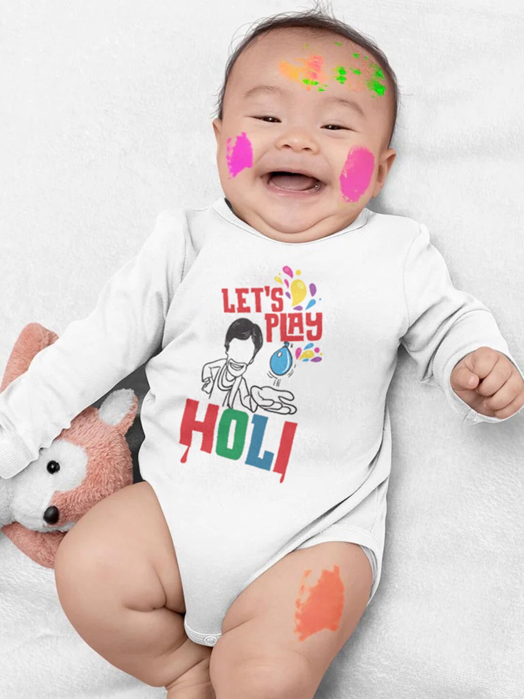 

BONKIDS Infants Lets Play Holi Printed Cotton Bodysuit, White