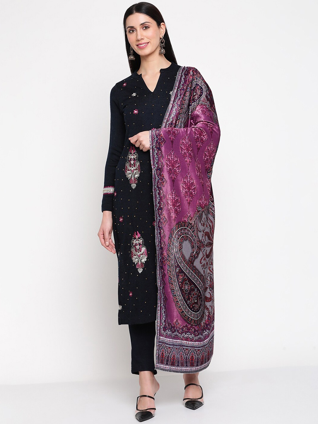 

Be Indi Embroidered Kurta With Trousers & Dupatta, Navy blue