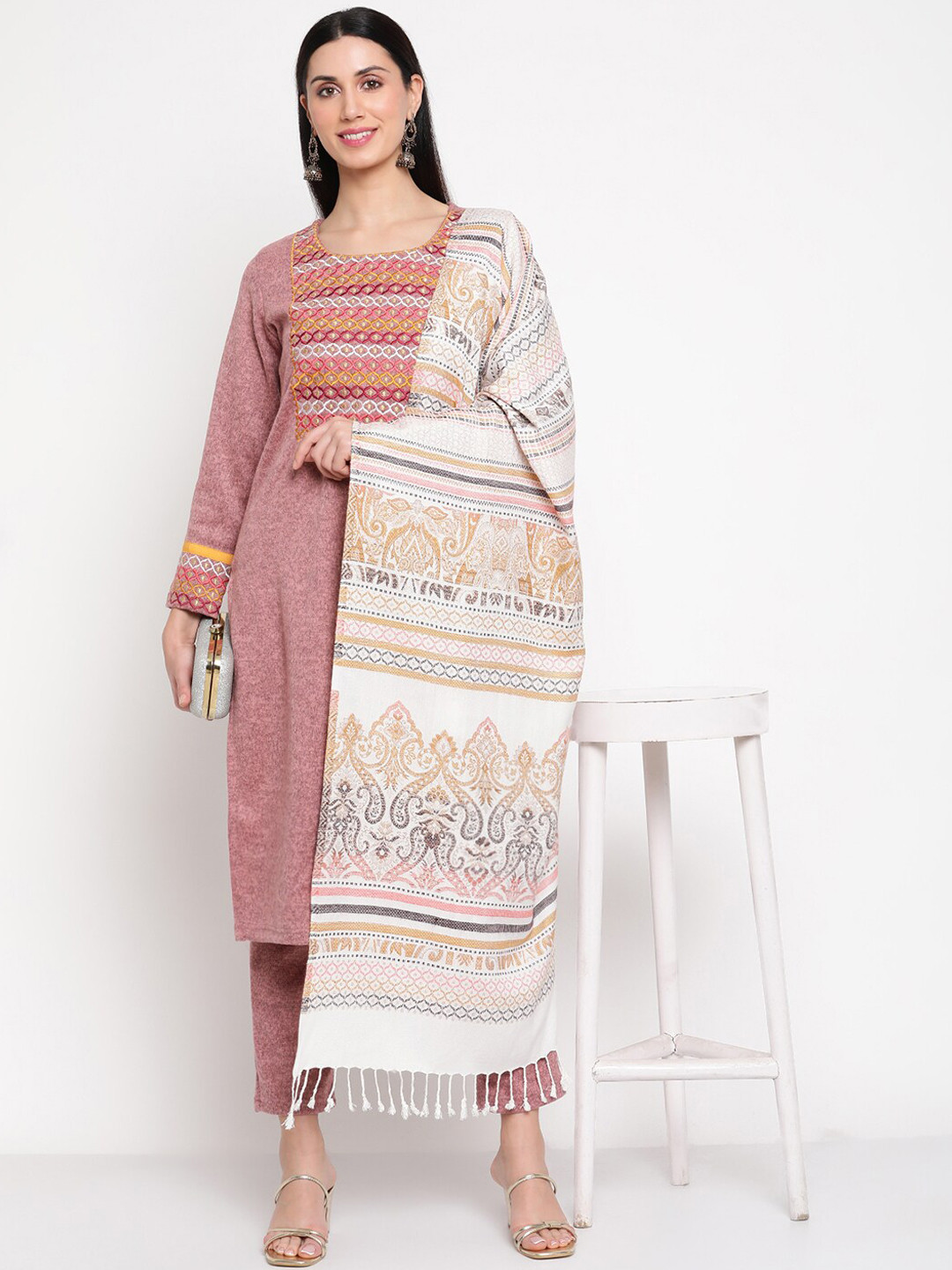 

Be Indi Geometric Embroidered Kurta With Trousers & Dupatta, Pink