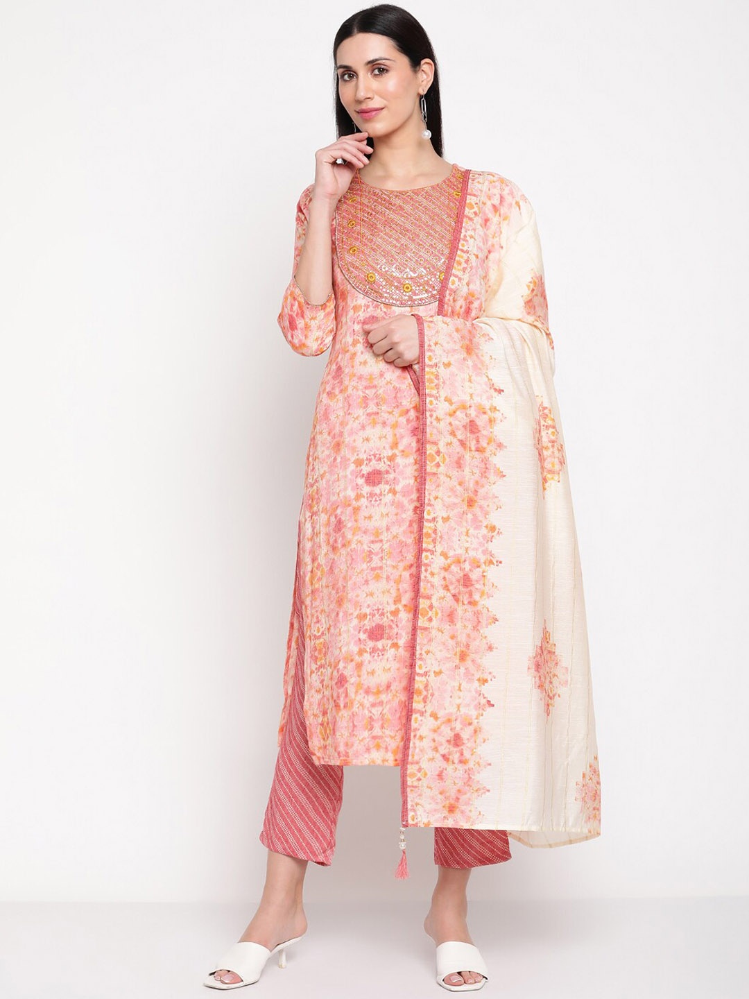 

Be Indi Women Abstract Printed Straight Kurta Set with Trouser & Dupatta, Peach