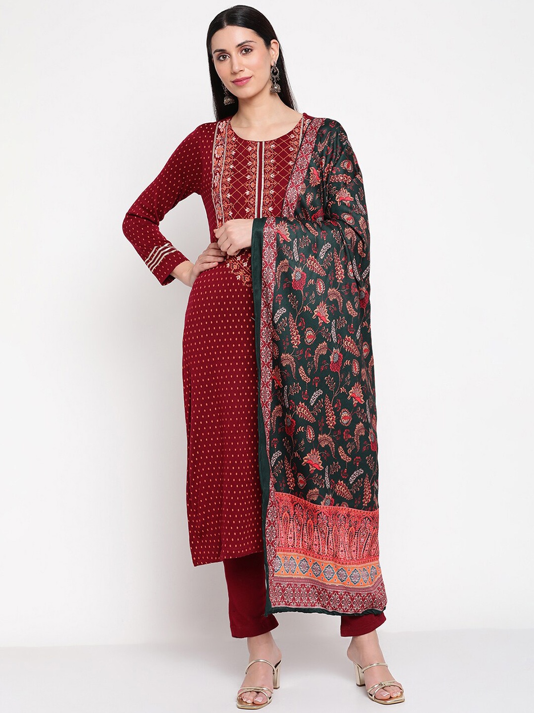 

Be Indi Women Printed Kurta with Trousers & Dupatta, Maroon