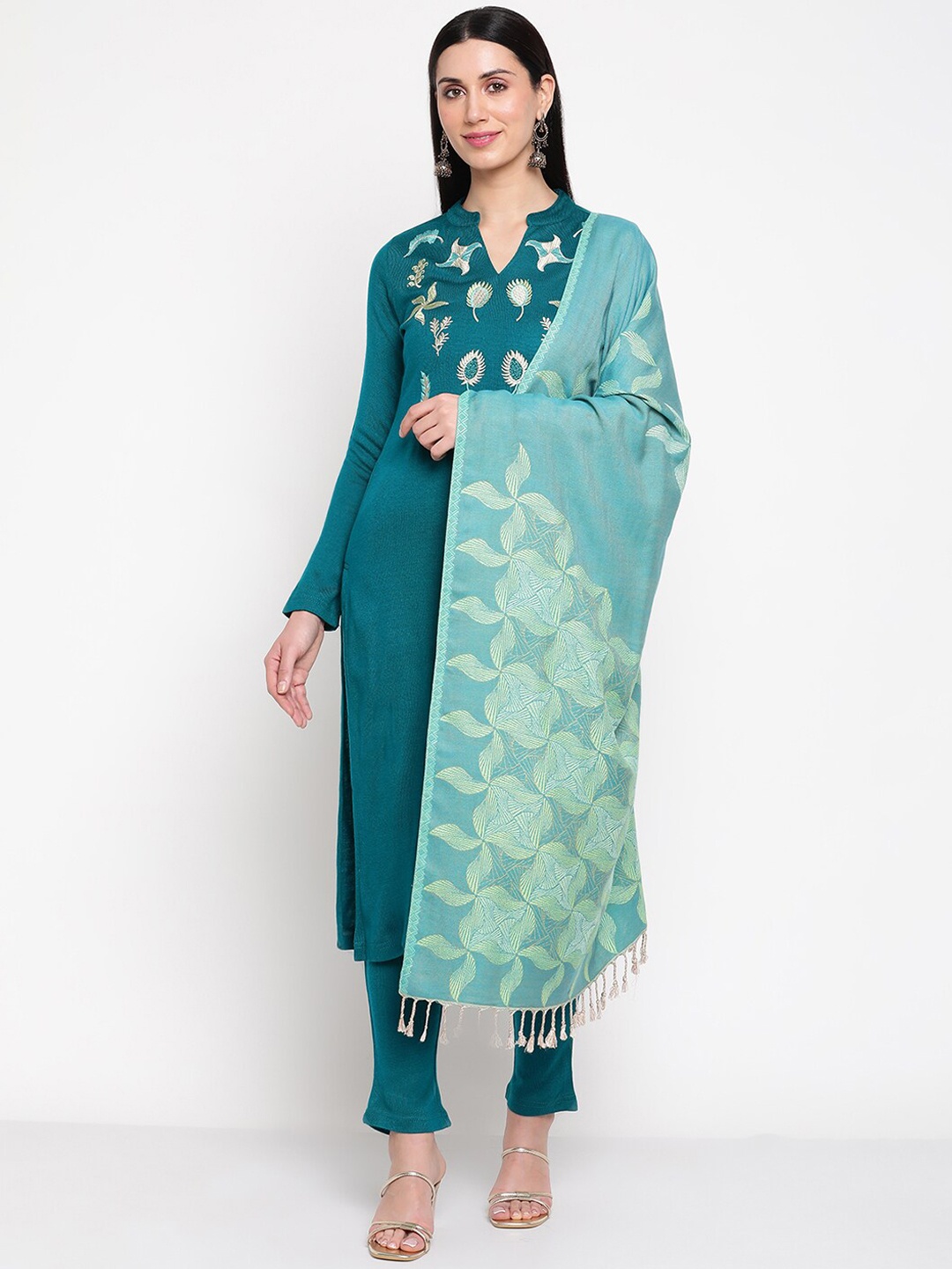 

Be Indi Women Floral Embroidered Winter Kurta with Trouser & Dupatta Set, Turquoise blue