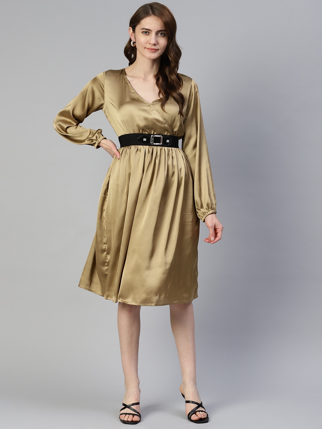 

JAINISH Belted Satin Fit & Flare Dress, Gold