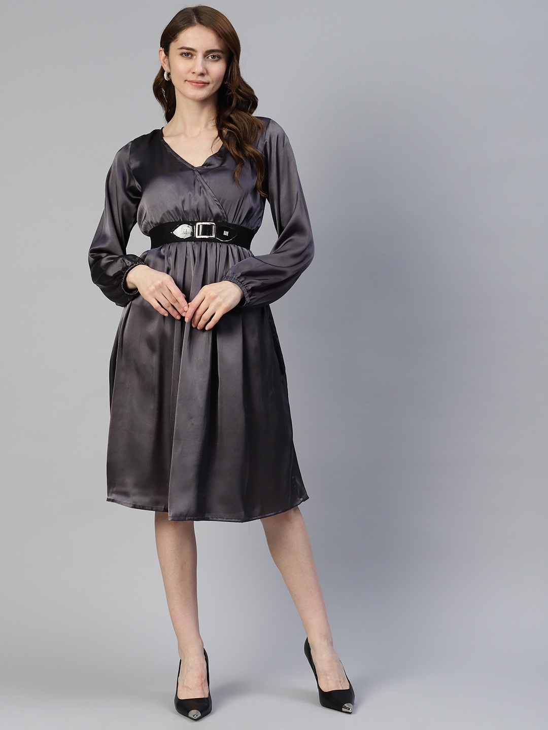 

JAINISH Belted Satin Fit & Flare Dress, Charcoal