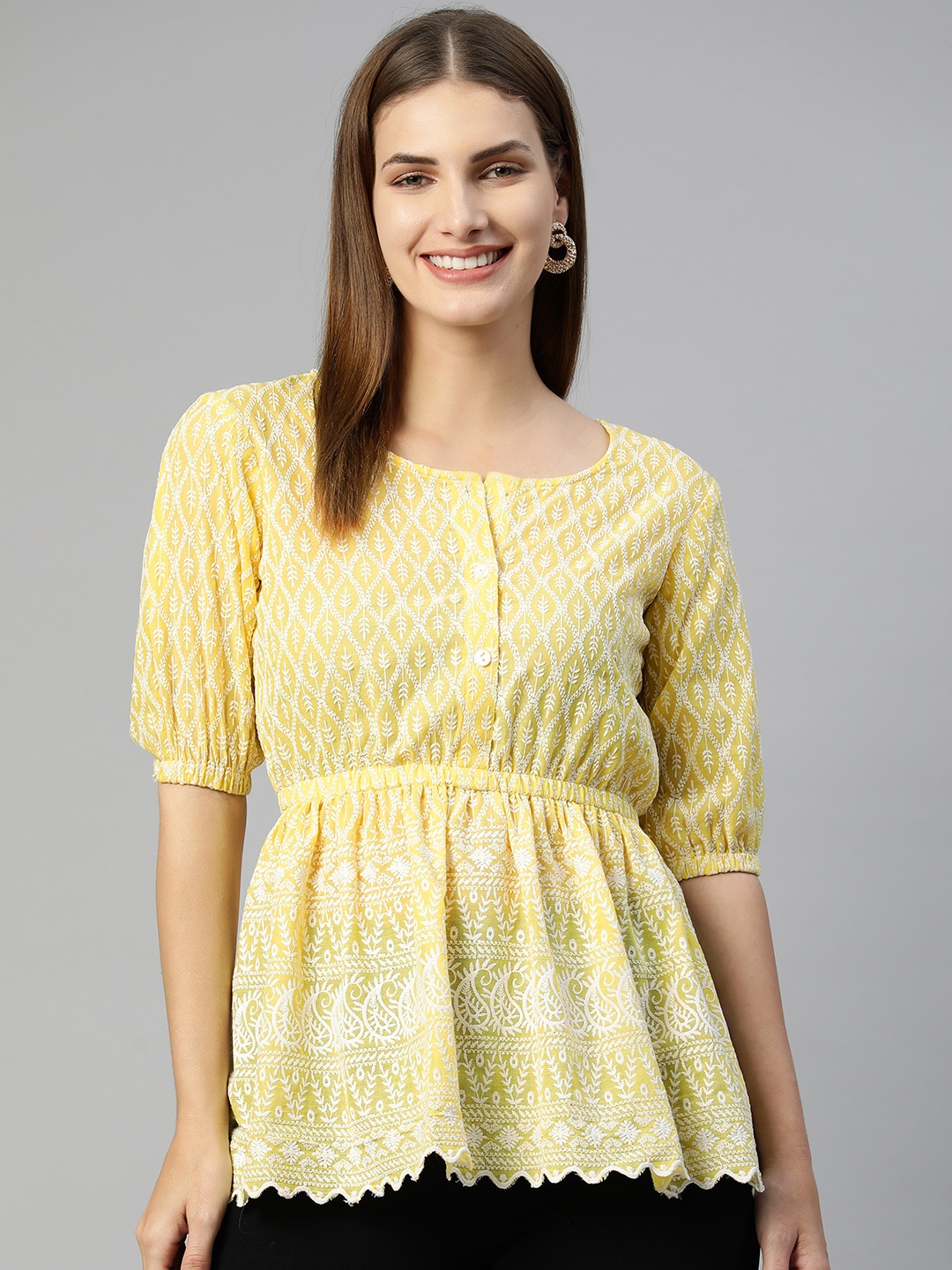 

JAINISH Embroidered Empire Top, Yellow