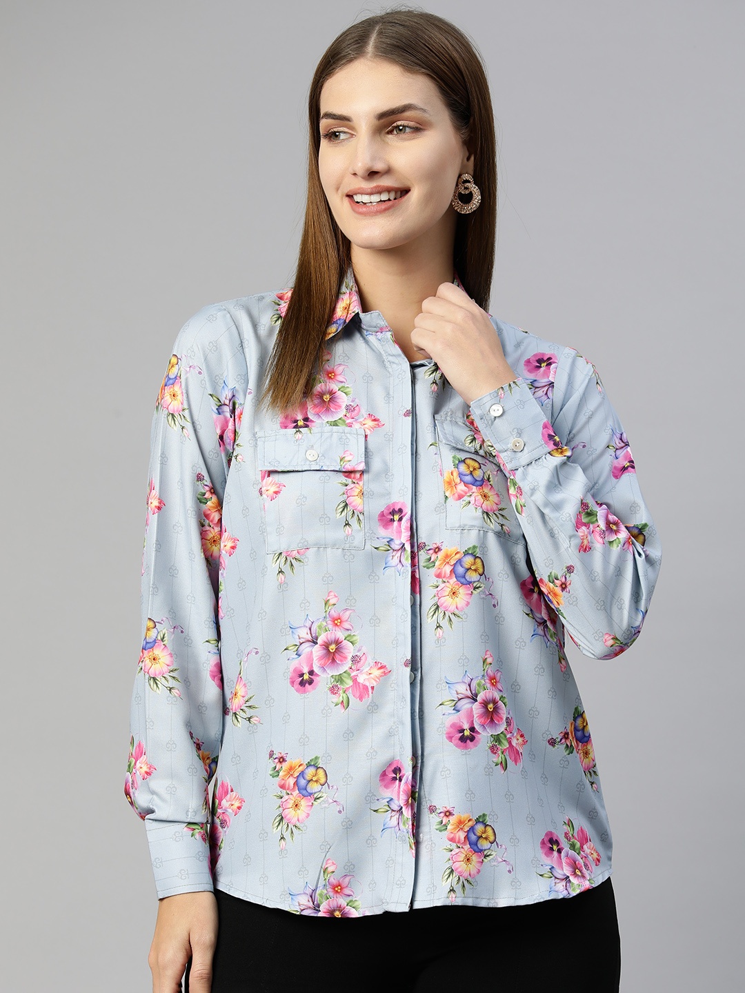 

JAINISH Floral Print Shirt Style Top, Grey