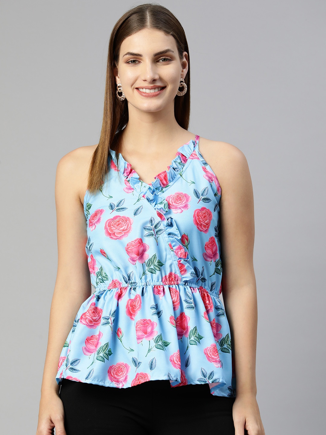 

JAINISH Floral Print Ruffles Peplum Top, Blue