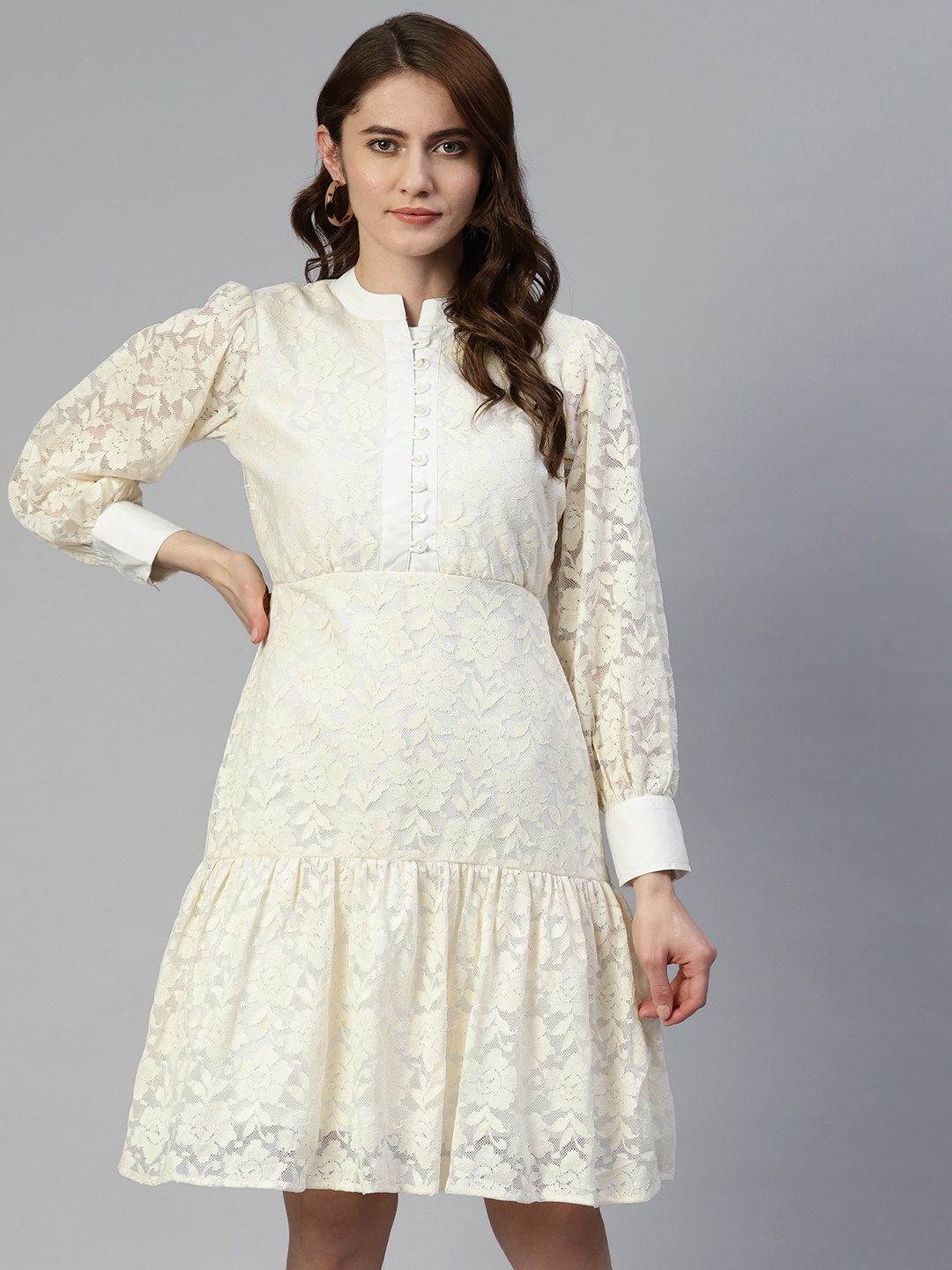 

JAINISH Floral Mandarin Collar Net A-Line Tiered Dress, Cream