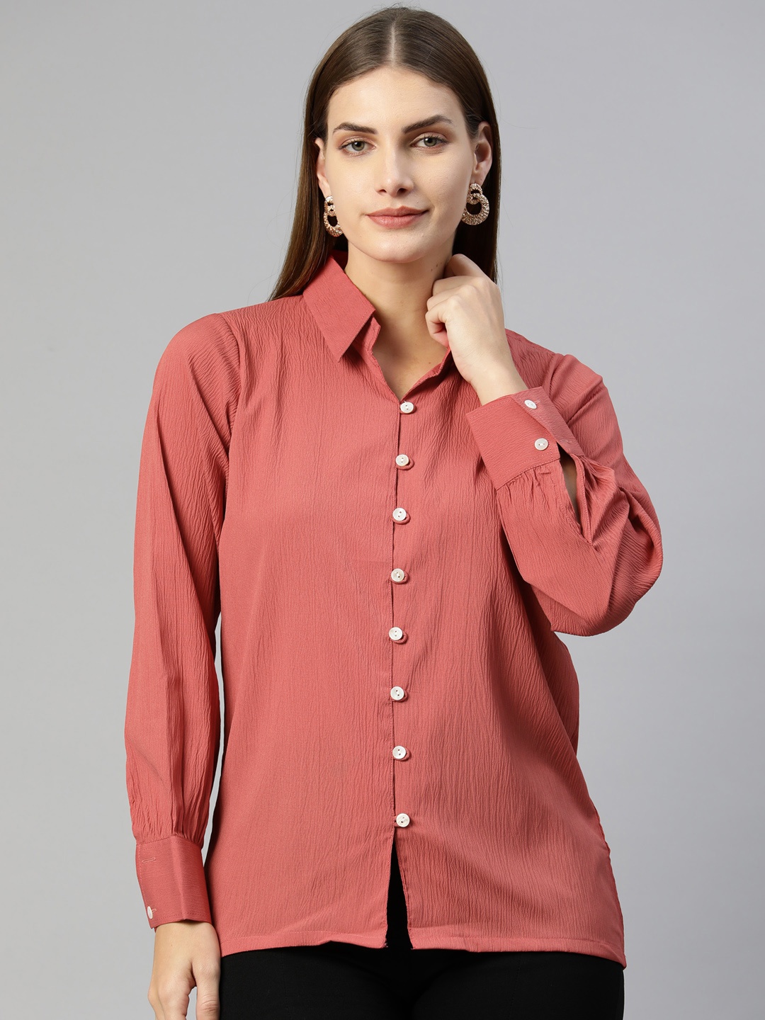 

JAINISH Solid Shirt Style Casual Top, Peach
