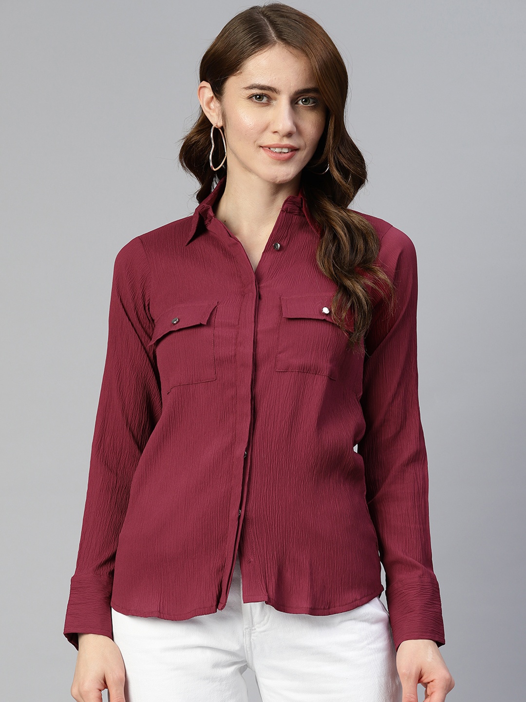 

JAINISH Solid Shirt Style Top, Maroon