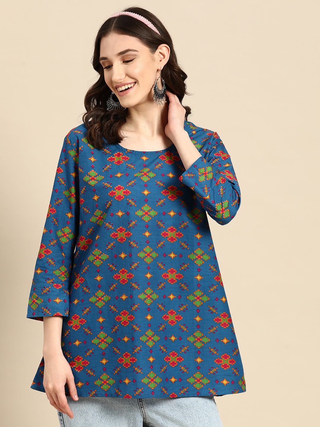

Sangria Geometric Print Pure Cotton Longline Top, Blue