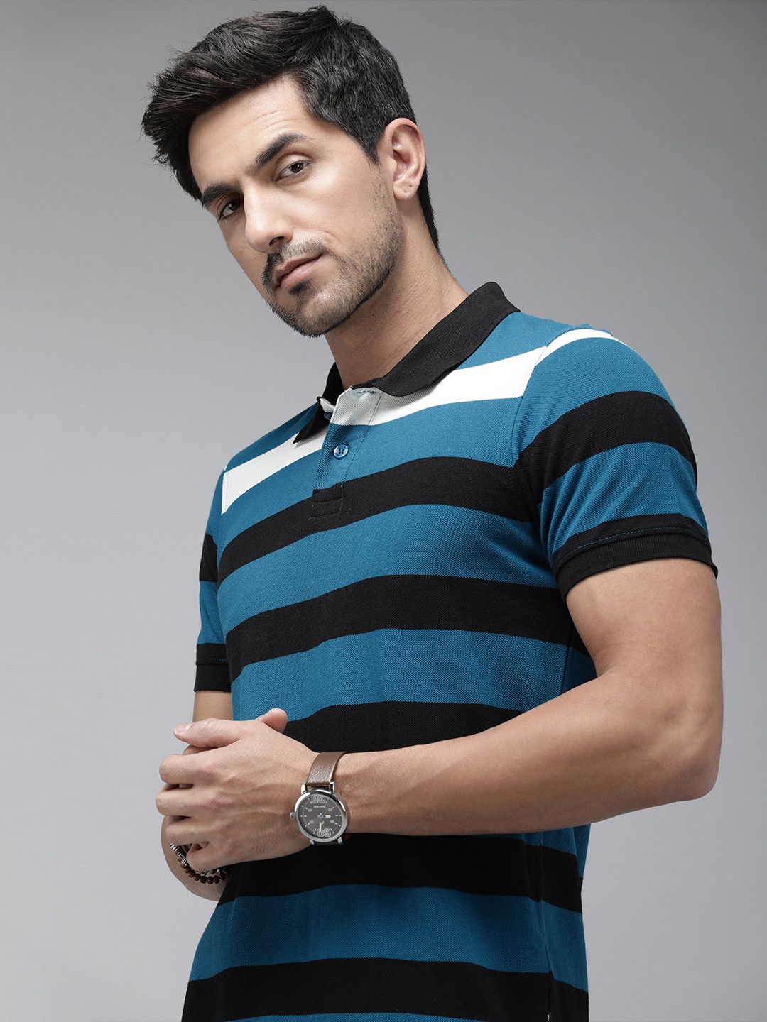 

Roadster Striped Pure Cotton Polo Collar T-shirt, Blue