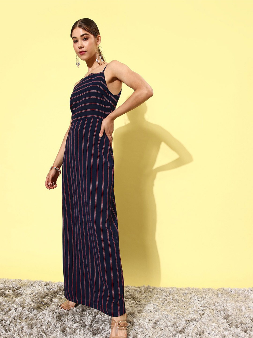

QUIERO Shoulder Straps Striped Georgette Maxi Dress, Navy blue