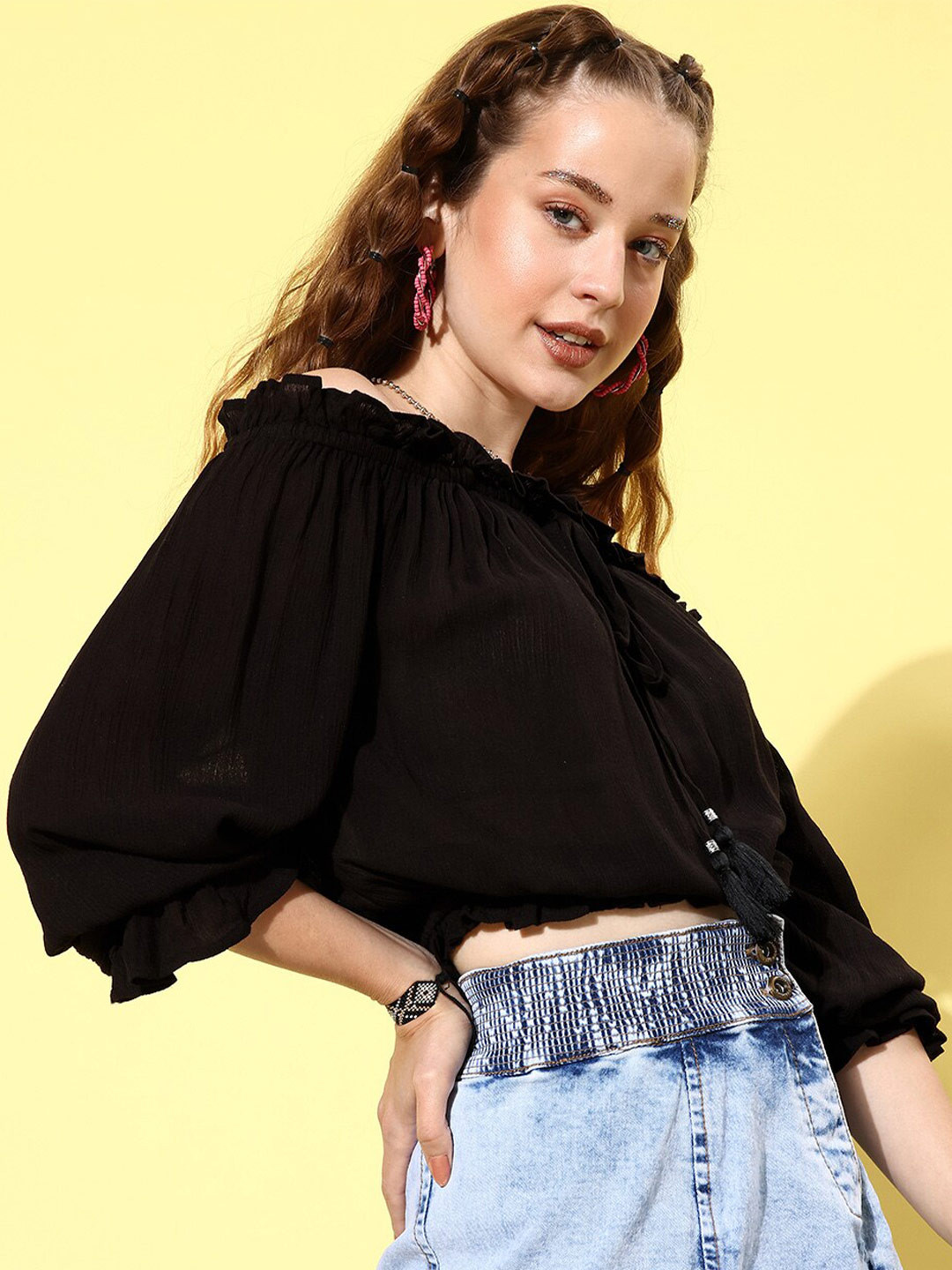 

QUIERO Tie-Up Off Shoulder Blouson Top, Black