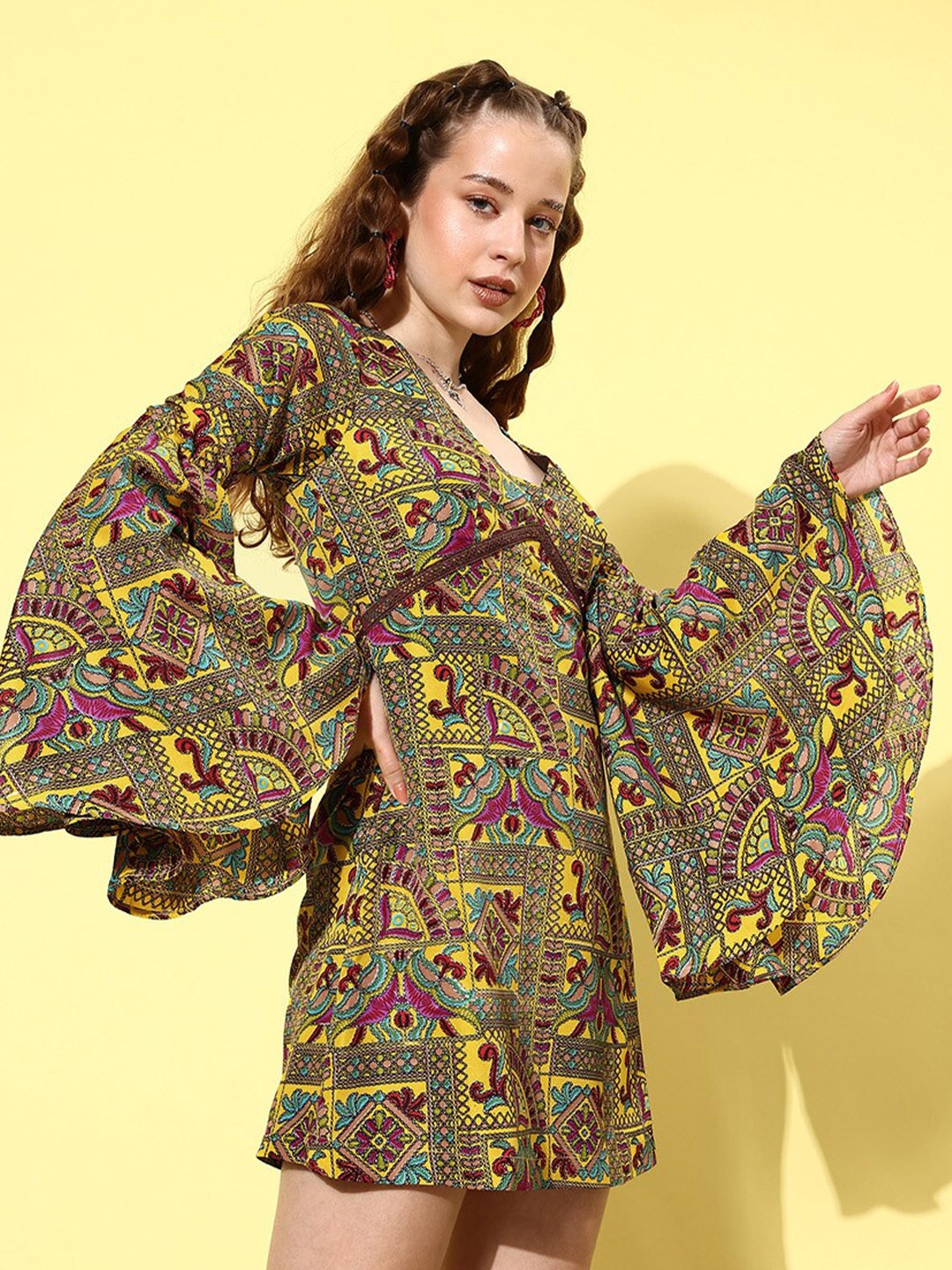 

QUIERO Ethnic Motifs Printed Flared Sleeves Crepe Mini A-Line Dress, Yellow