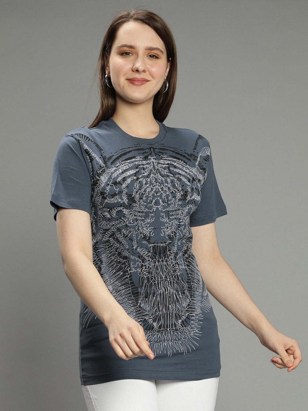 

NUEVOSDAMAS Graphic Printed Cotton T-shirt, Blue