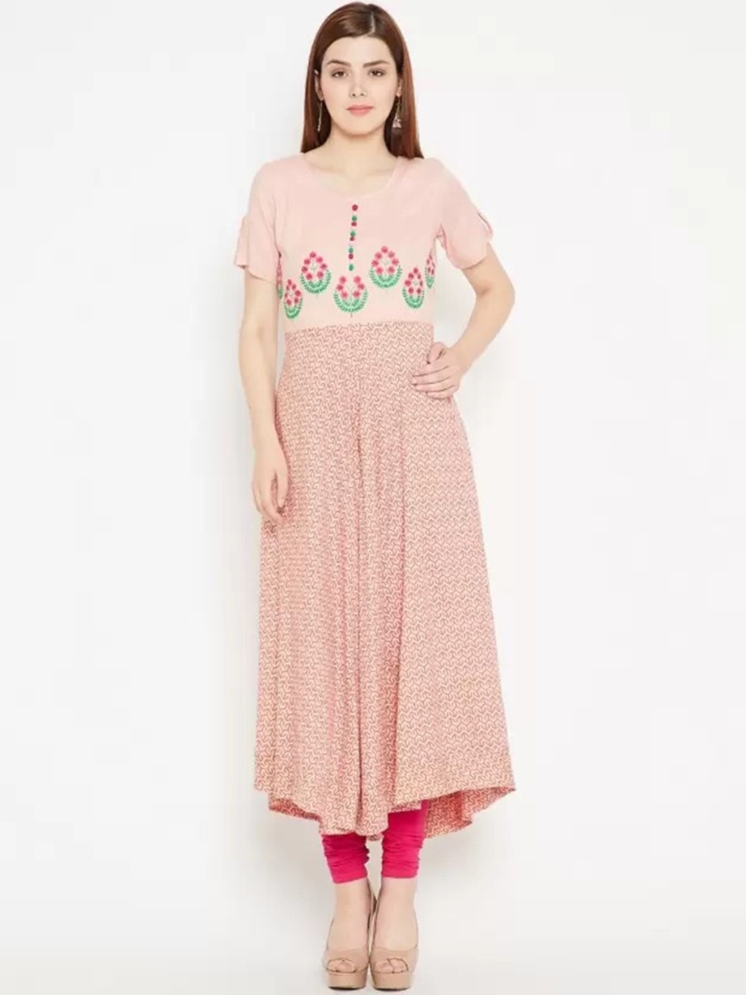 

Span Geometric Printed Thread Work Pure Cotton Anarkali Kurta, Peach