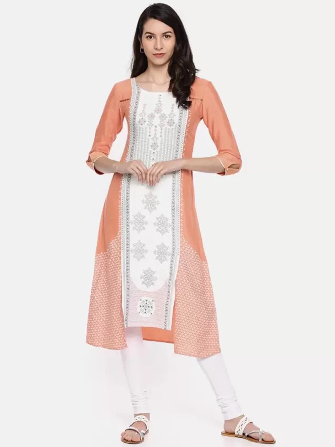 

Span Ethnic Motifs Printed A-Line Kurta, Peach