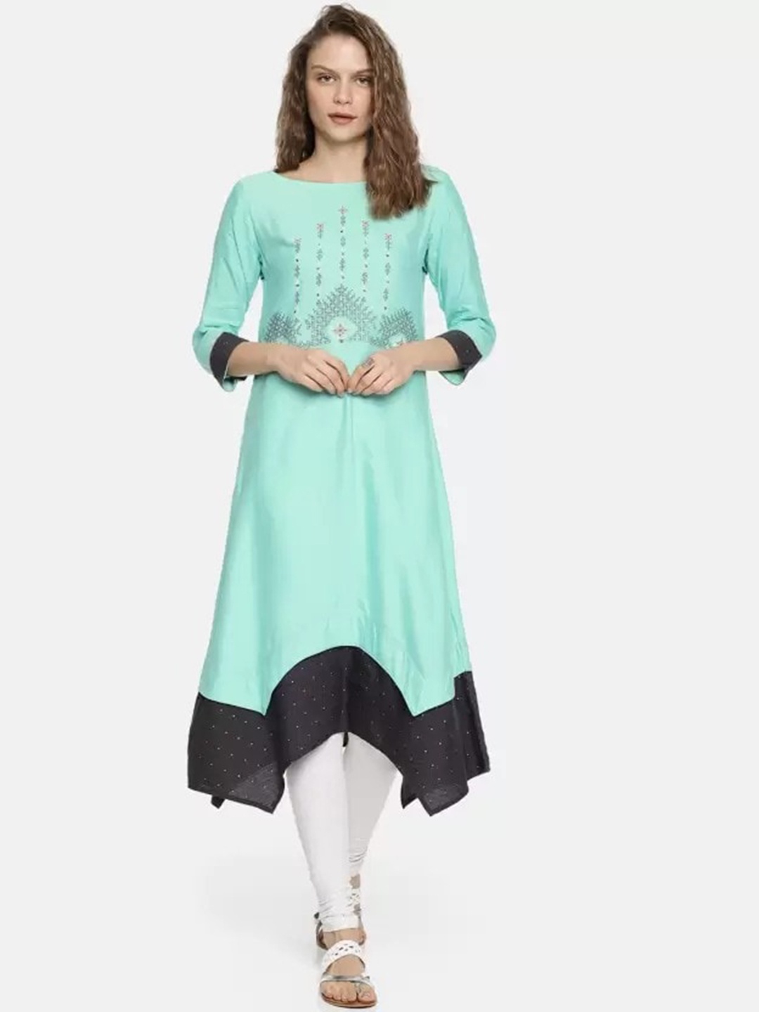 

Span Ethnic Motifs Printed A-Line Kurta, Sea green