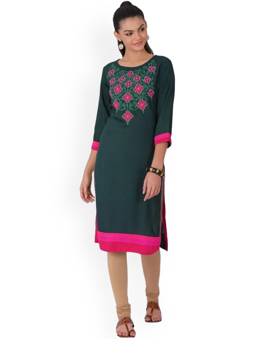 

Span Floral Embroidered Thread Work Pure Cotton Kurta, Green