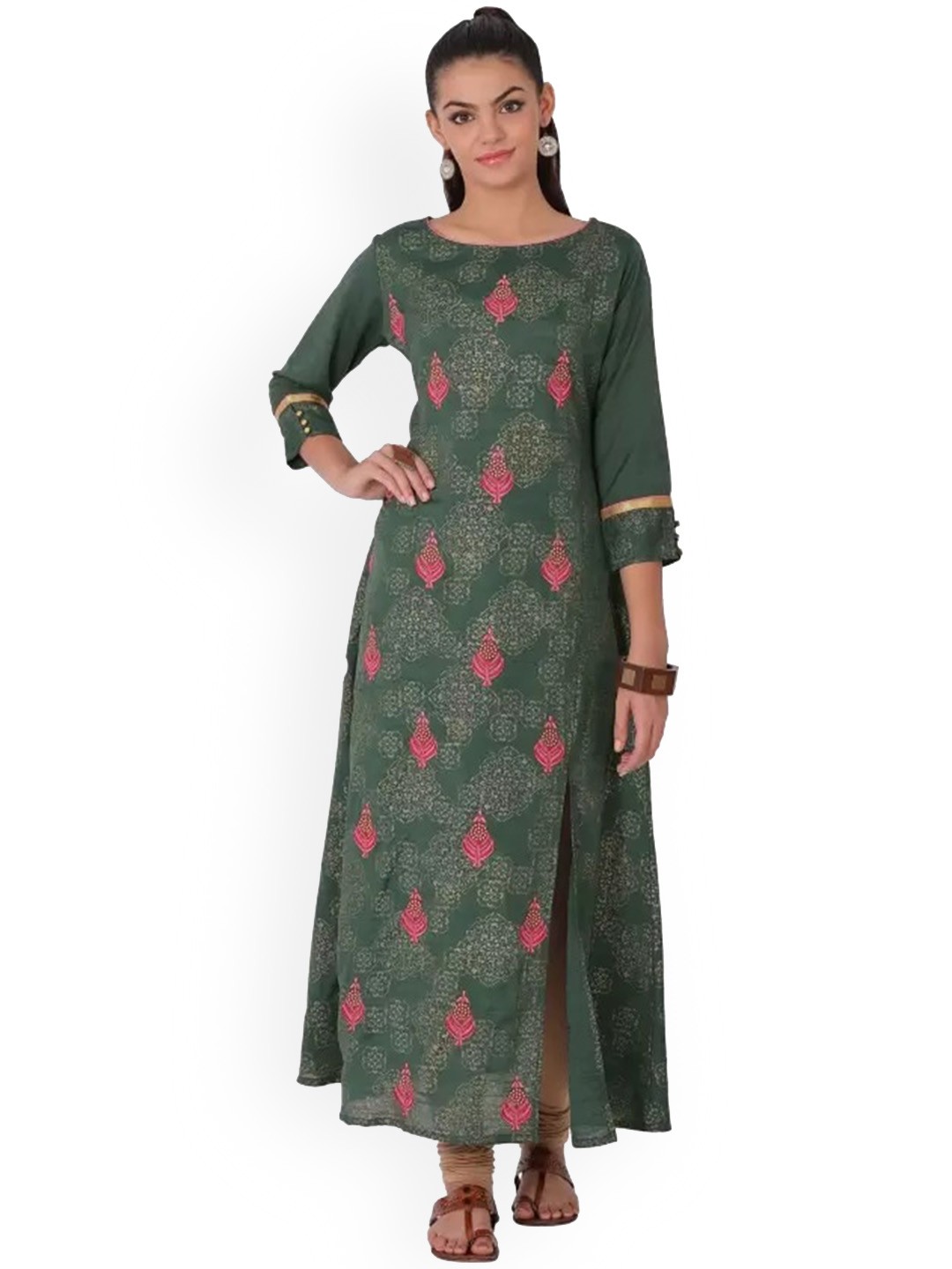 

Span Ethnic Motifs Printed Thread Work Pure Cotton Kurta, Green