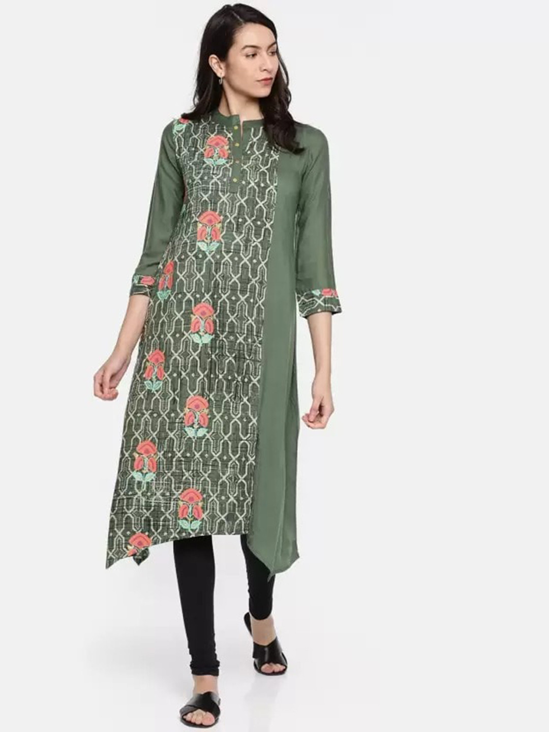 

Span Geometric Printed Band Collar Pure Cotton Kurta, Green