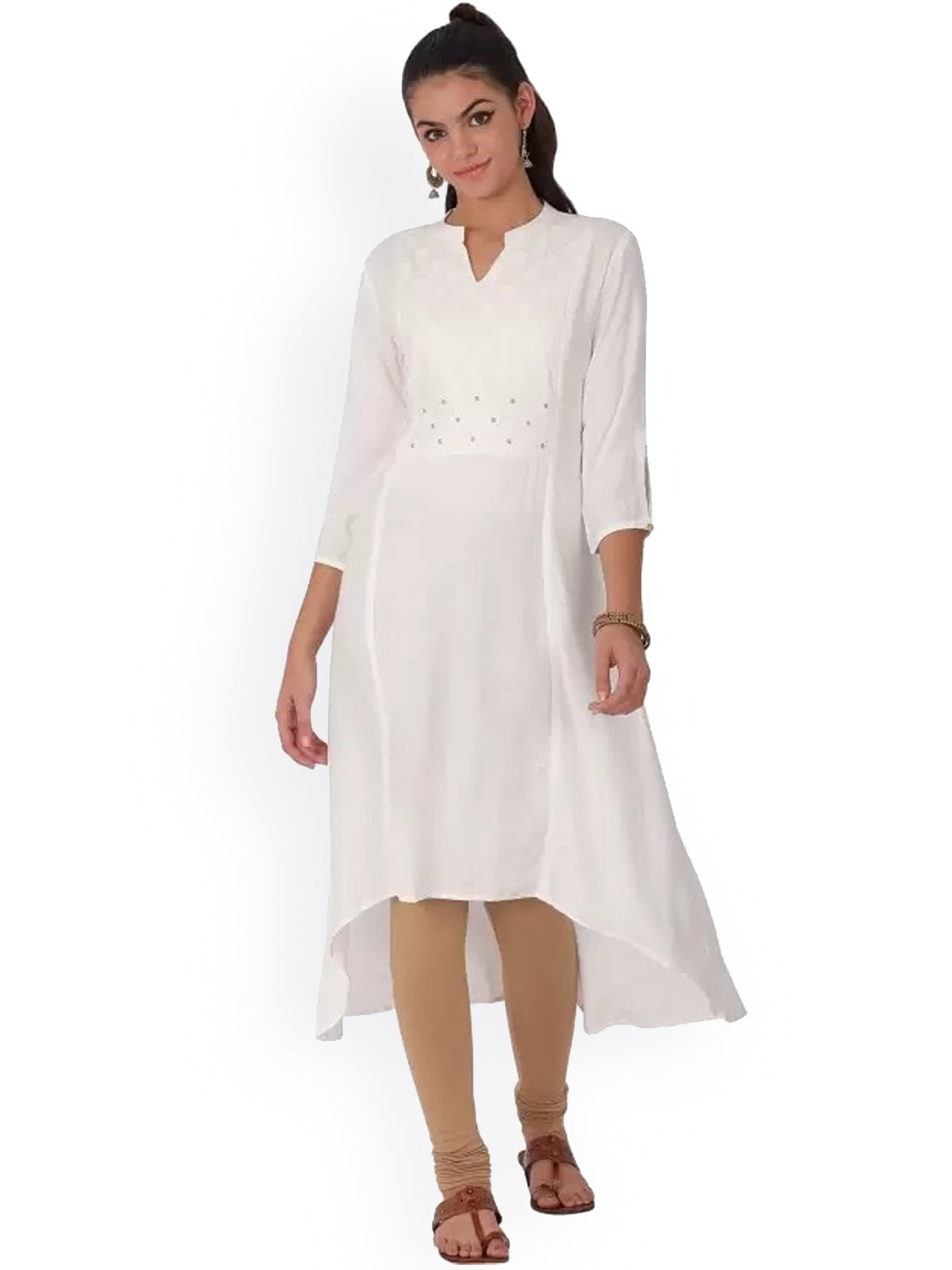 

Span Women Ethnic Motif Embroidered High-Low A-line Kurta, White