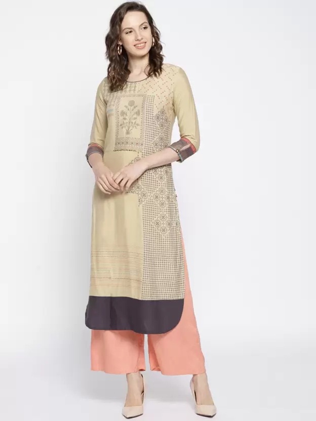

Span Women Ethnic Motif Printed Straight Cotton Kurta, Beige