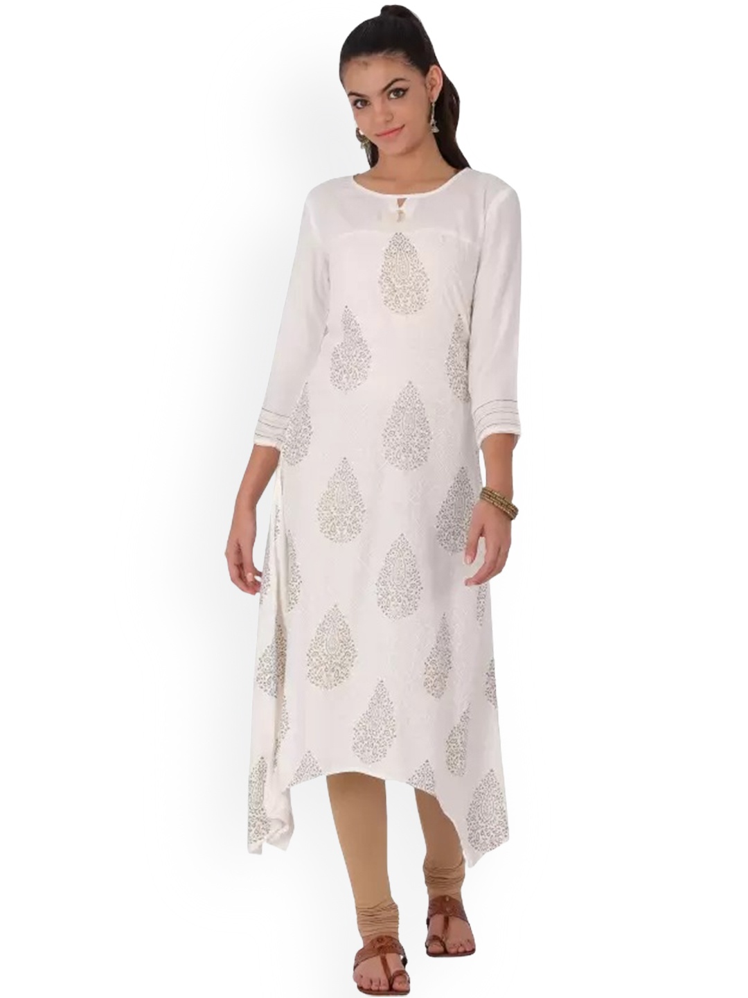 

Span Ethnic Motifs Printed A-line Kurta, White