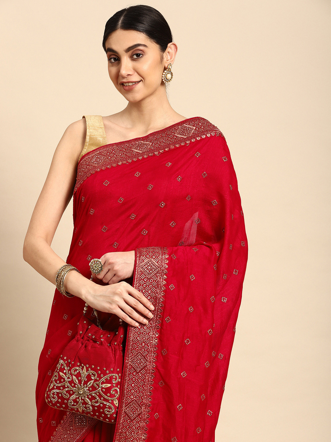 

Pothys Embroidered Beads & Stones Pure Georgette Saree, Red