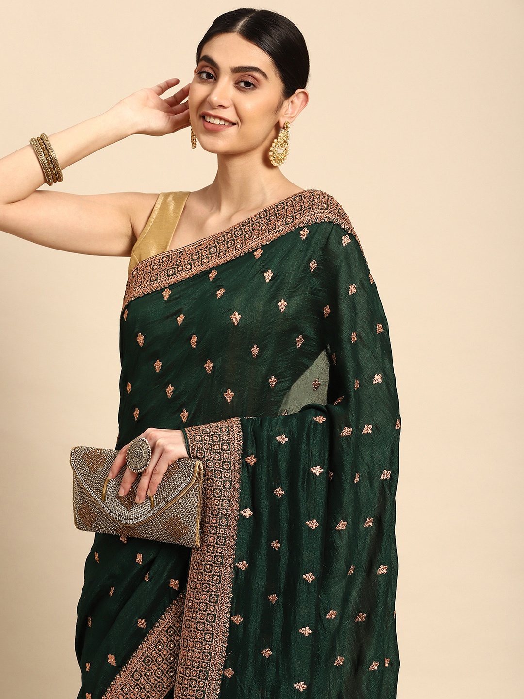 

Pothys Ethnic Motifs Embroidered Beads & Stones Pure Georgette Saree, Green