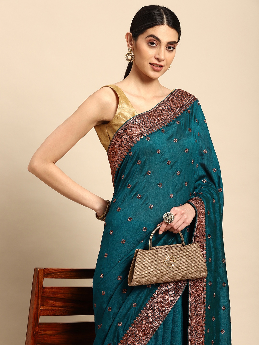 

Pothys Beads & Stones Pure Georgette Saree, Blue